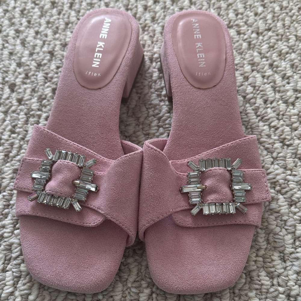 Anne Klein Pink Suede Mules with Silver Accents